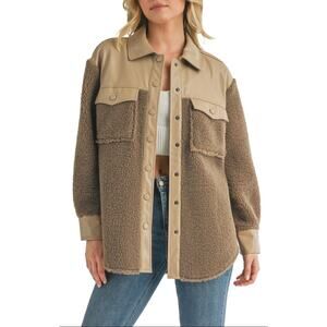All in Favor Faux Leather Shearling Shacket M NWOT Tan Brown Jacket Top Western